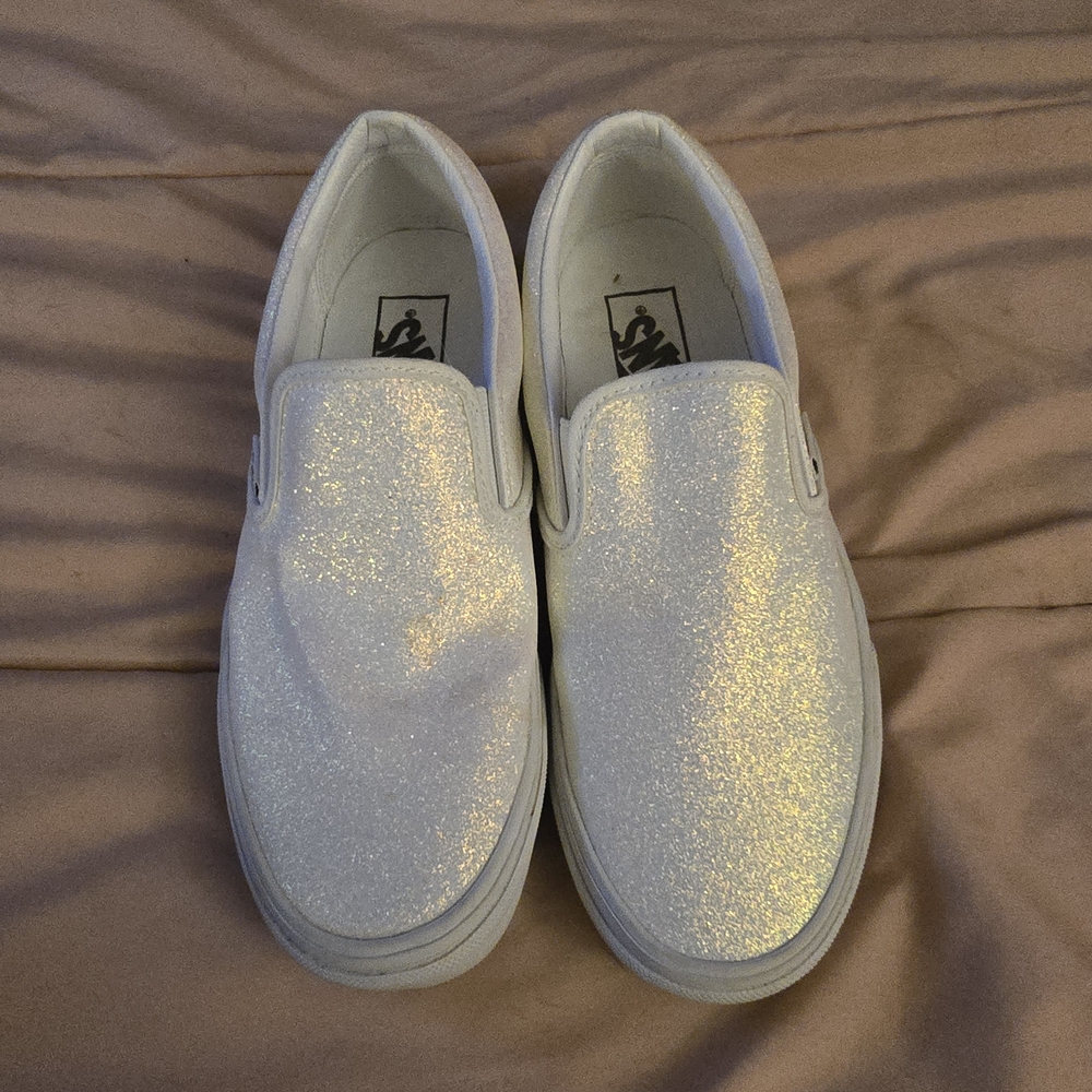Vans White Glitter Slip-On Sneakers